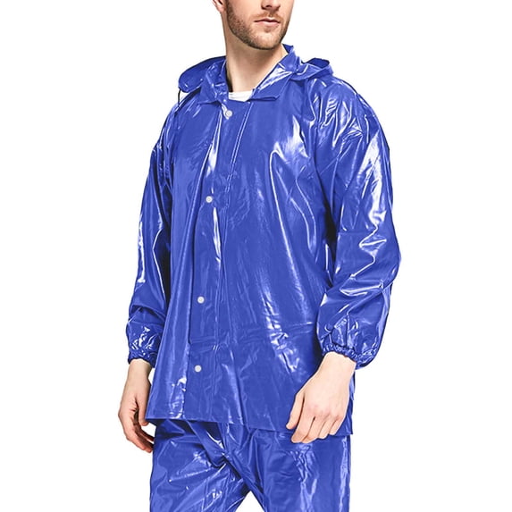 Fjofpr Mens 2 Piece Rain Suit with Hood Men Solid Color Hooded Buttons Raincoat Split Coat Pants Long Sleeve Hooded Set
