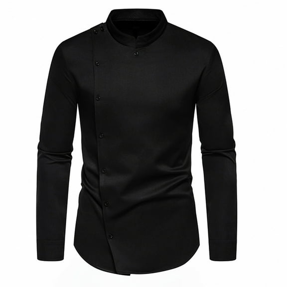 Fjofpr Mens Long Sleeve Tee Shirts Casual Men Casual Solid Button Long Sleeve Stand Collar Tops Blouse Shirt