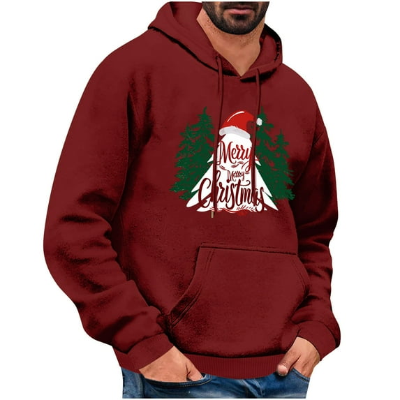 Fjofpr Mens Long Sleeve Tee Shirts Casual Men's Christmas Printed Casual Hooded Long Sleeved Sweatshirt