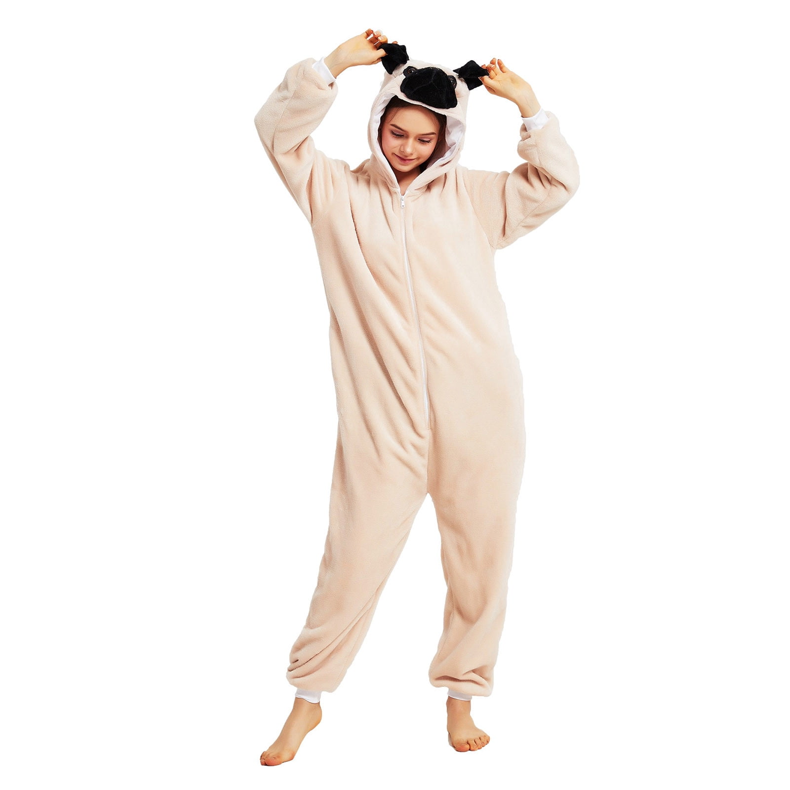 Fjofpr Pajamas Jumpsuits for Women Plus Size Fleece Fluffy Sleepwear Zip up Hooded Plush Rompers Cute Dog One Piece Pajamas Hooded Long-sleeved Pajamas Home Clothing Pajamas Beige L
