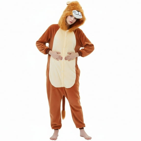 Fjofpr Pajamas Jumpsuits for Women Plus Size Fleece Fluffy Sleepwear Zip up Hooded Plush Rompers Cute Lion One Piece Pajamas Hooded Long-sleeved Pajamas Home Clothing Pajamas Coffee XL