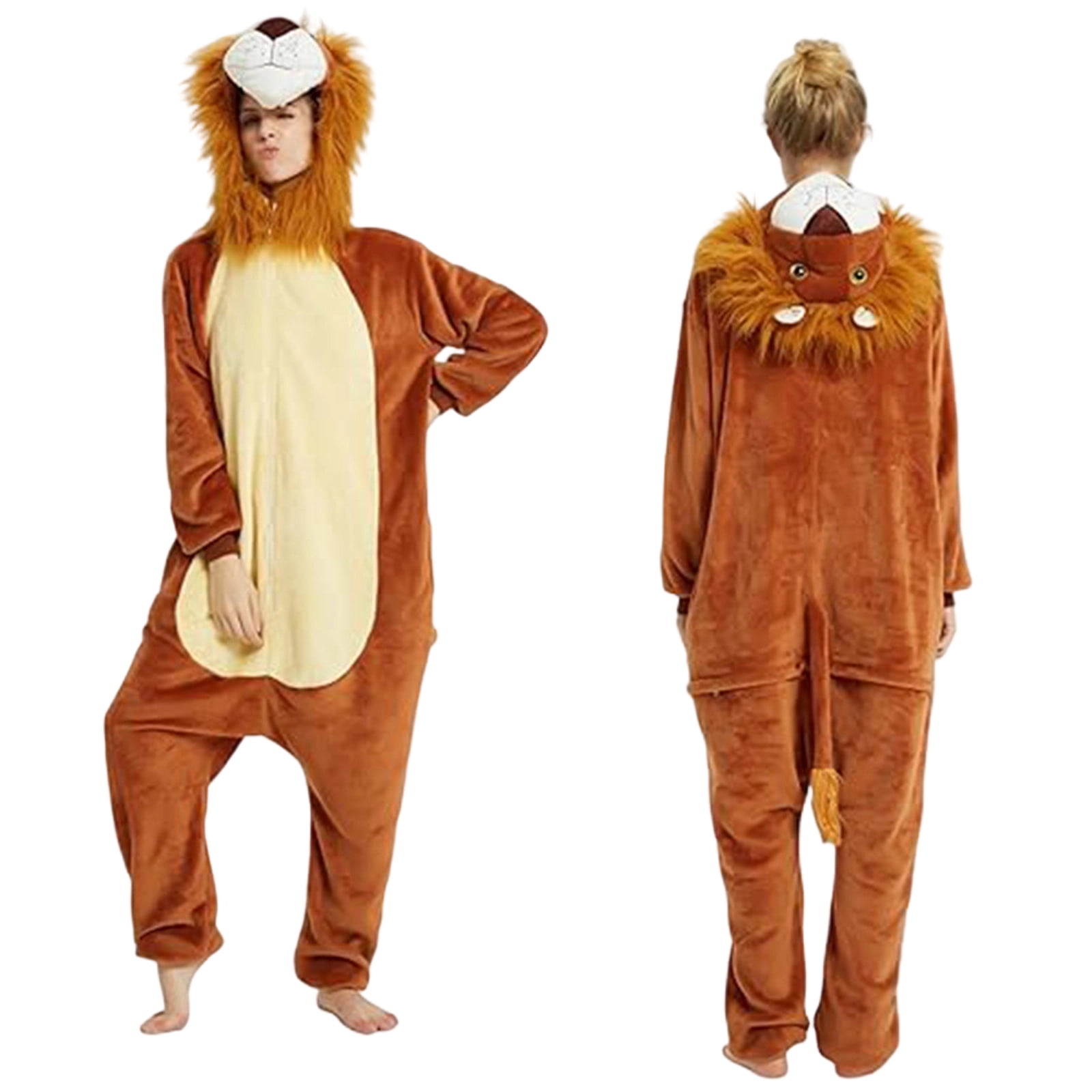 Fjofpr Pajamas Jumpsuits for Women Plus Size Fleece Fluffy Sleepwear Zip up Hooded Plush Rompers Cute Lion One Piece Pajamas Hooded Long-sleeved Pajamas Home Clothing Pajamas Brown S