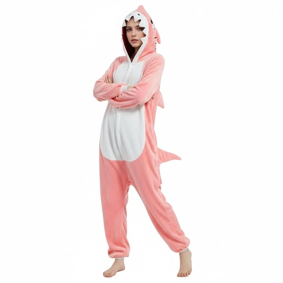 Fjofpr Pajamas Jumpsuits for Women Plus Size Fleece Fluffy Sleepwear Zip up Hooded Plush Rompers Cute Shark One Piece Fashion Pajamas Hooded Long-sleeved Pajamas Home Clothing Pajamas Pink L