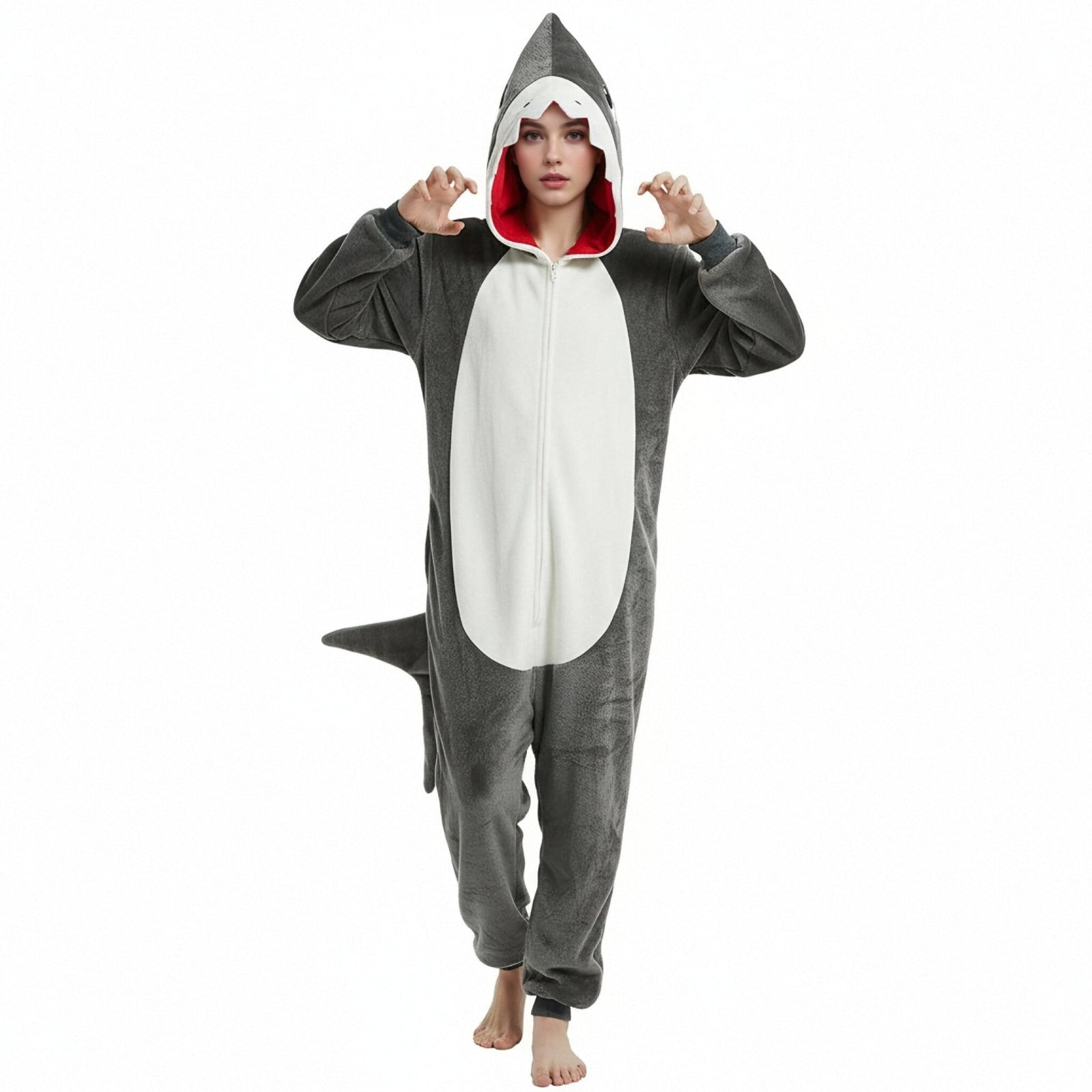 Fjofpr Pajamas Jumpsuits for Women Plus Size Fleece Fluffy Sleepwear Zip up Hooded Plush Rompers Cute Shark One Piece Fashion Pajamas Hooded Long-sleeved Pajamas Home Clothing Pajamas Gray M