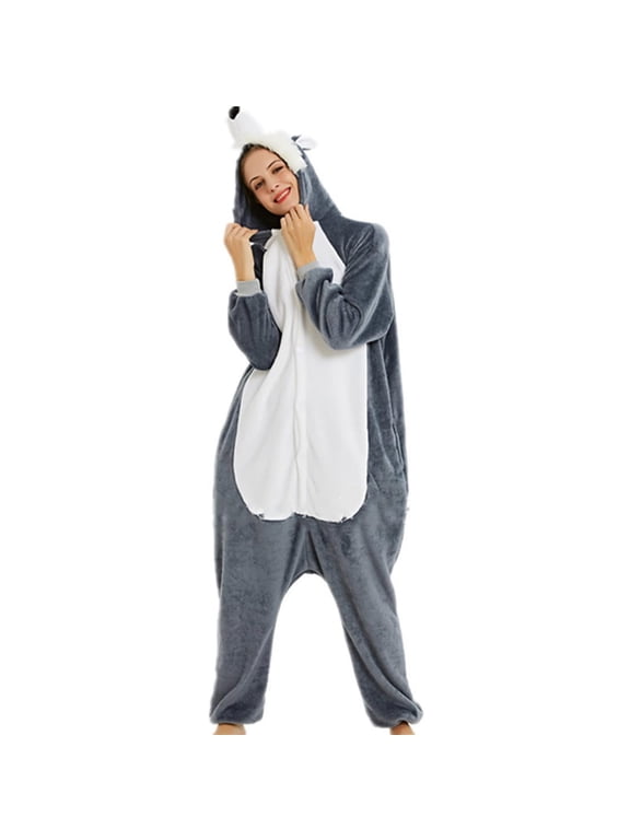 Pajamas Jumpsuits for Women Plus Size Fleece Fluffy Sleepwear Zip up Hooded Plush Rompers Cute Wolf One Piece Fashion Pajamas Hooded Long-sleeved Pajamas Home Clothing Pajamas Navy M