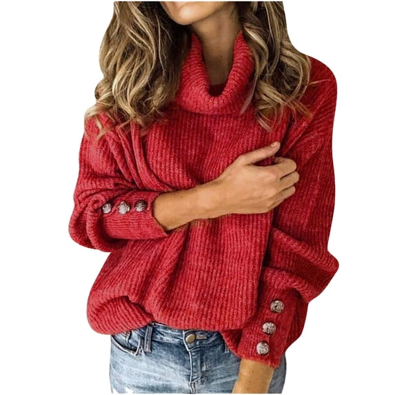 Fjofpr Pullover Sweaters for Women Lightweight Knit Sweater Tops Solid Color Button Long Sleeve Elegant Casual Turtleneck Sweater