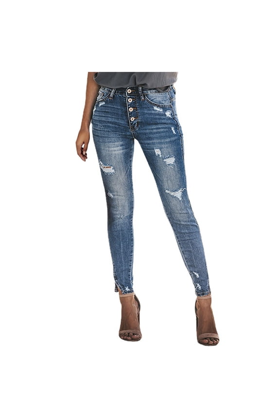 Ripped Jeans for Women High Waisted Jeans for Women Stretchy Jeans for Women Trendy Slimming Women's Casual Elastic Worn-out Trousers Solid Button Splicing Full Length Pants