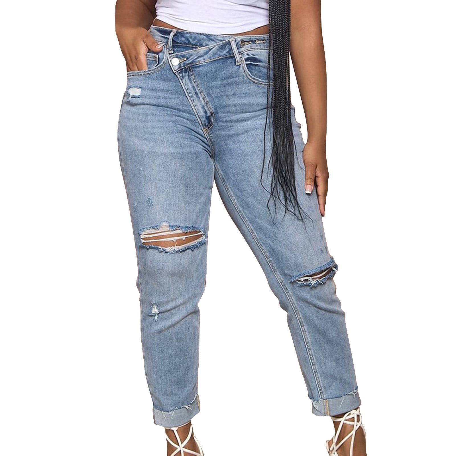 Qazel Vorrlon Women's High Waisted Ripped Skinny Jeans - Stretch Denim, Butt Lifting Fit, Dark Blue, Size 14 - View #3