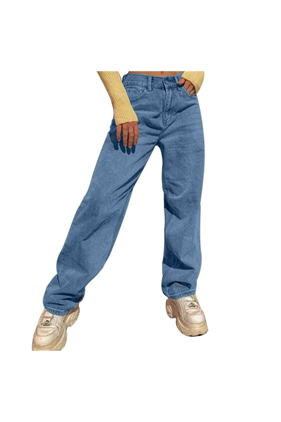 Sale Deal High Waisted Jeans for Women Baggy Jeans for Woman Fashion Women High Waist Loose Pocket Blue Color Print Pants