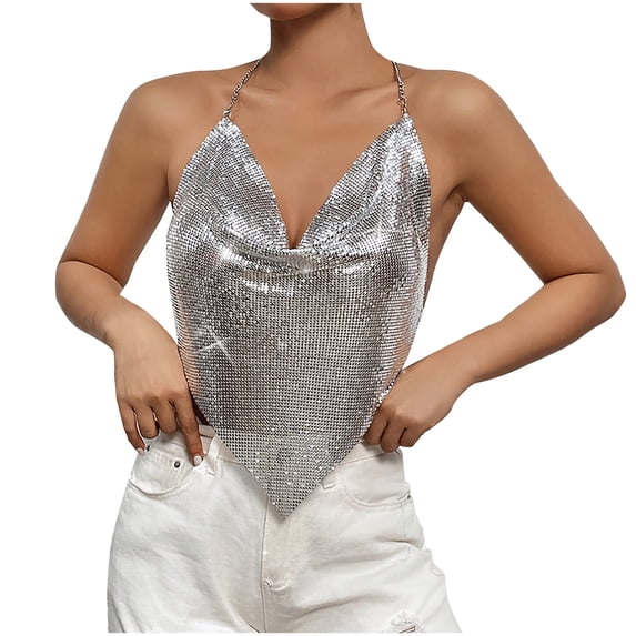 Fjofpr Sequin Tops for Women Evening Party Women's Fashion Nightclub Sexy Backless Metal Chain Sequin Top