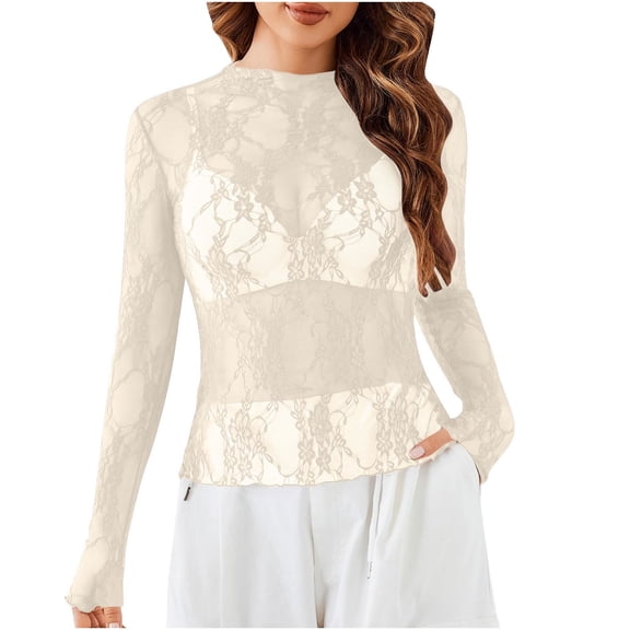 Fjofpr Shirts for Women Trendy Womens Long Sleeve Tops Casual Women's Long Sleeve Lace Tops Mesh Tops Sheer Layering Top Sexy Mock Neck Floral Shirt Blouse With Thumb