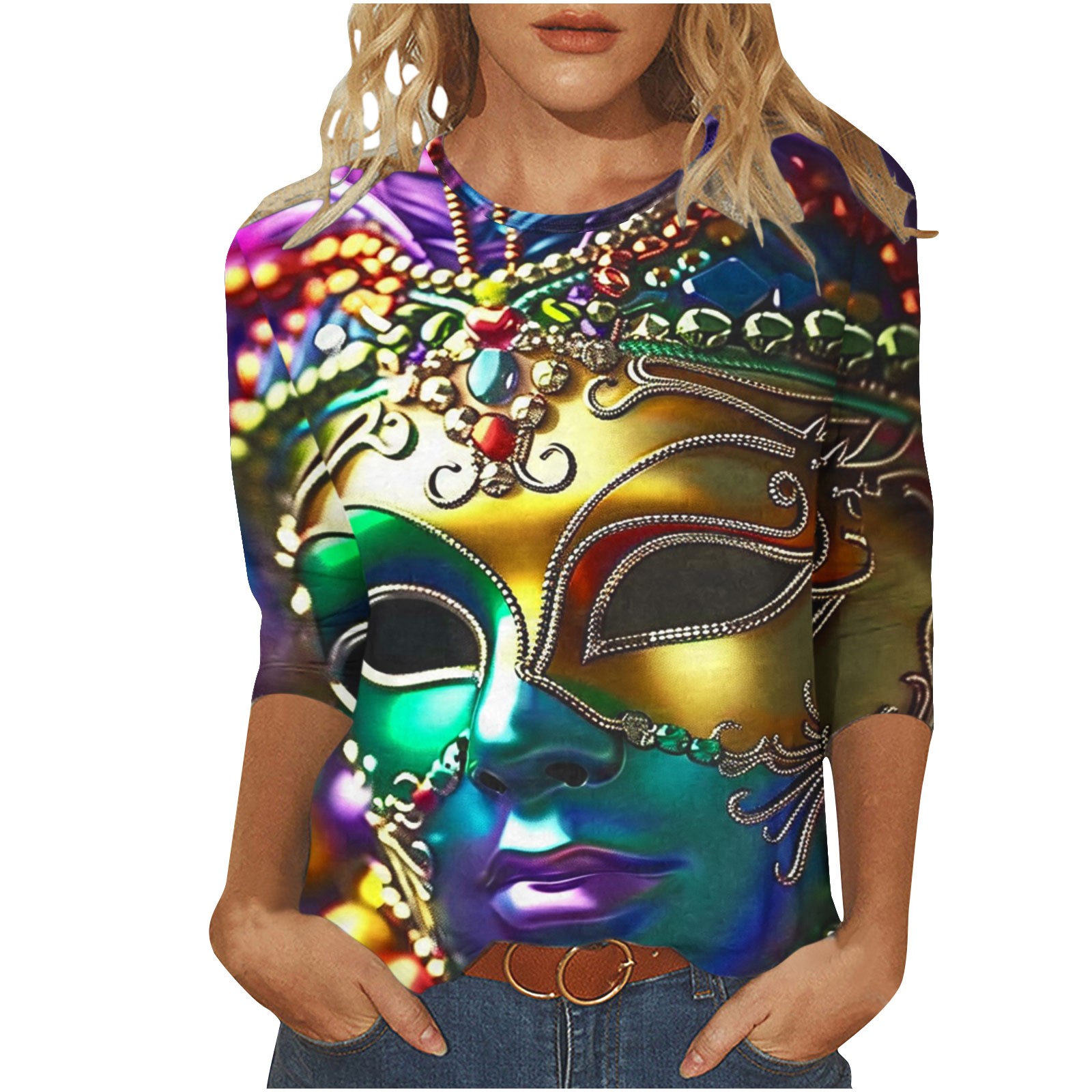 Yihaojia Women's Long Sleeve Halloween Print Top - Stretchy Casual Blouse, Round Neck Pullover For 2025 Seasons