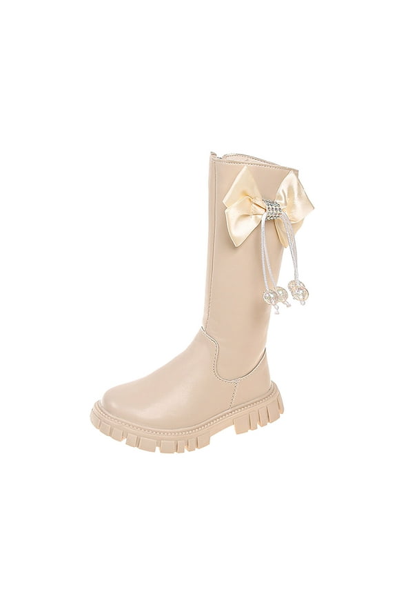 Shoes for Girls Beige Boots for Girls Winter Boots for Girls 9-10 Years Old Fall/Winter New Bow Knot Long Barrel Leather Little Girl Fashionable Princess Boots