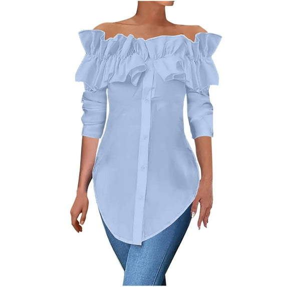 Fjofpr off the Shoulder Tops for Women Long Sleeve Fashion Women's Casual Comfortable Long Sleeve off the Shoulder Button Blouse Top Solid Color Blouse