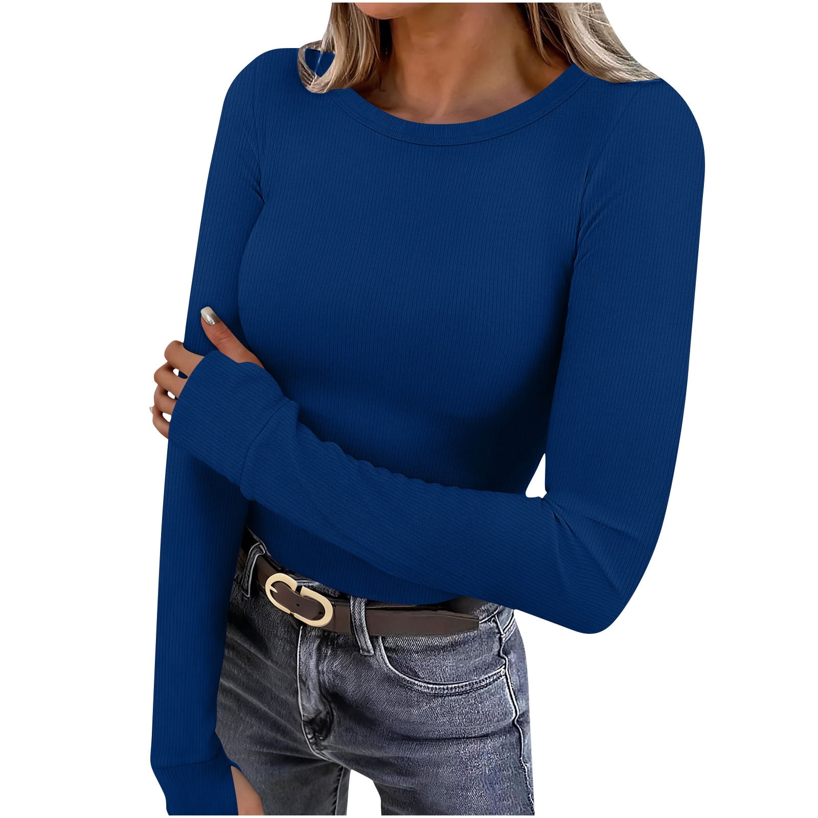Fjofpr Slim Fitted Shirts for Women Crewneck Tees Tight Basic Tops ...