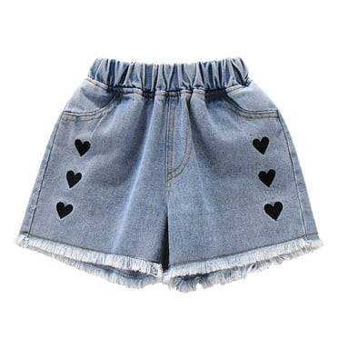 Fjofpr Summer Clearance Clothing under $8 Girls Shorts Size 10-12 Jean Shorts Big Girls Summer Thin Heart Embroidered Elastic Waist Shining Denim Ragged Shorts（4-15 Years）