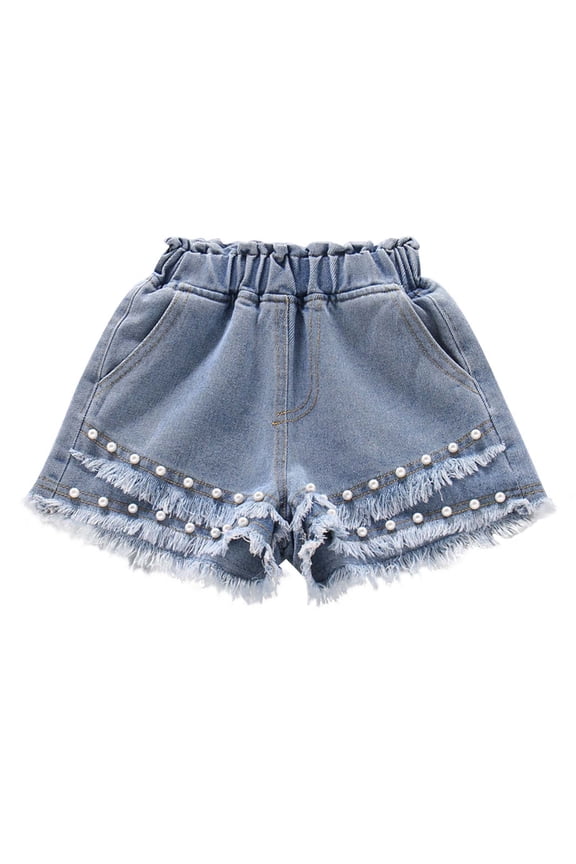 Summer Clothing under $8 Toddler Girl Shorts Big Girls Summer Thin Double Layer Nail Bead Elastic Waist Shining Denim Perforated Denim Shorts(4-15 Years)