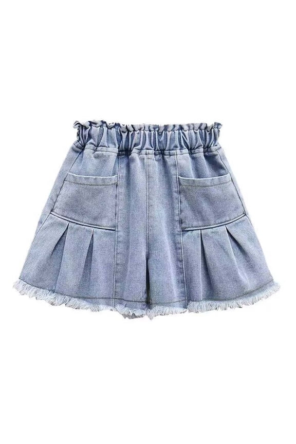 Summer Girls Shorts 7-8 Jean Shorts Big Girls Summer Thin Colorful Buttons Elastic Waist Shining Denim Perforated Denim Shorts Culotte(4-15 Years)