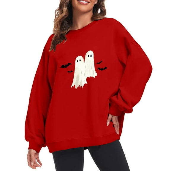 Fjofpr Sweatshirts for Women Halloween Sweatshirts for Women Ghost Women Classic Halloween Print Oversized Crewneck Long Sleeve Loose Pullover Sweatshirt Tops