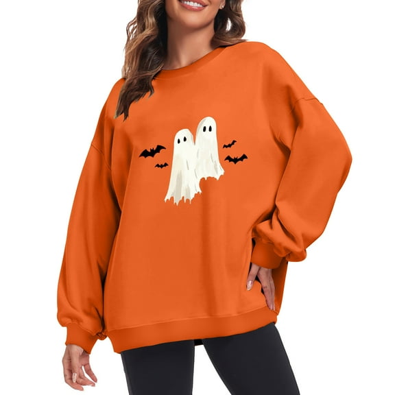 Fjofpr Sweatshirts for Women Graphic Halloween Sweatshirt for Women 2024 Women Classic Halloween Print Oversized Crewneck Long Sleeve Loose Pullover Sweatshirt Tops