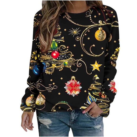 Fjofpr Sweatshirts for Women Loose Fit Christmas Sweatshirts for Women Women Fall And Winter Christmas Retro Sparkling Christmas Tree Print Hooded Long Sleeved Sweatshirt Top Hooded Sweatshirt