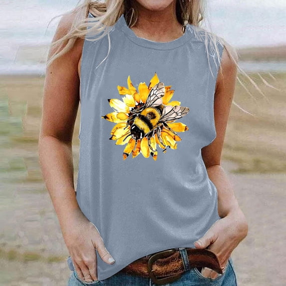 Fjofpr Tank Top with Built in Bra for Women 2024 Women's New Loose Casual Fashion Crew-neck All-matching Printed Top Sky Blue XL