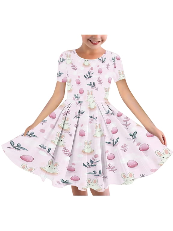Toddler Girl Clothes under $5 Girls Short Sleeve Stretchy Dress Easter Short Sleeve Round Neck Dress Dance Skirt For Kids(4-14Years)