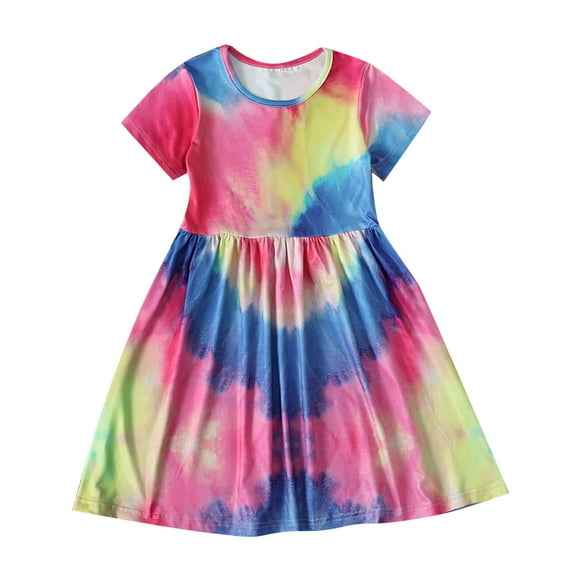 Fjofpr Toddler Girl Clothes under $5 Summer Girls Short-sleeved Color Tie-dye Pattern Round Neck Dress(4-9years）