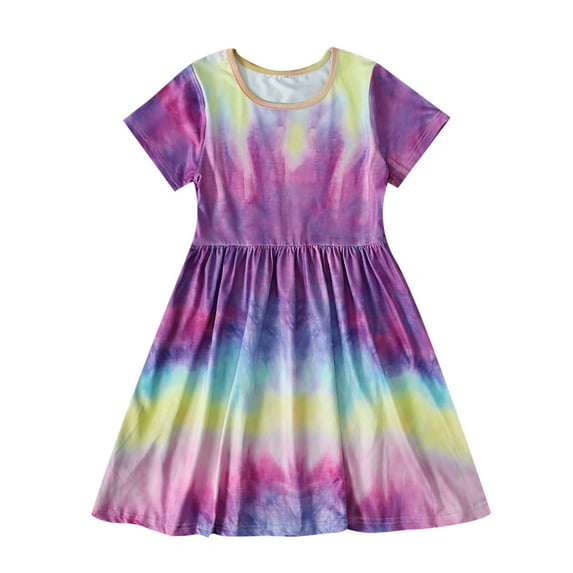 Fjofpr Toddler Girl Clothes under $5 Summer Girls Short-sleeved Color Tie-dye Pattern Round Neck Dress(4-9years）
