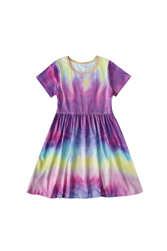 Toddler Girl Clothes under $5 Summer Girls Short-sleeved Color Tie-dye Pattern Round Neck Dress(4-9years)