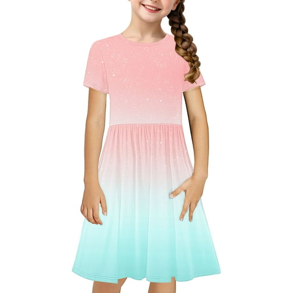 Fjofpr Toddler Girl Clothes under $5 Toddler Kids Girls Cute Gradient Color Print Short Sleeve Stretchy Dress A Line Dress（4-14Years）