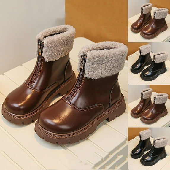 Fjofpr Toddler Kids Winter Boots with Faux Fur Trim Girls Shoes Children's Winter Solid-color Short Leather Boots British-style Boots 5.5-6Years