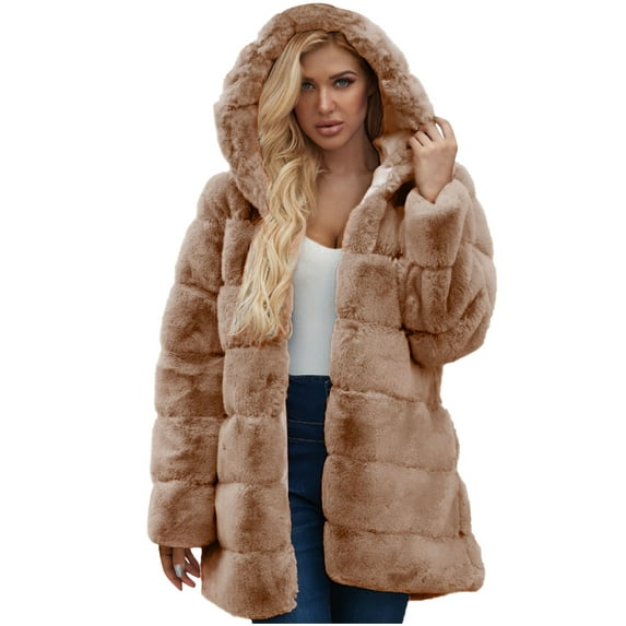 Fjofpr Winter Coats for Women Sale Faux Fur Coats for Women with Hoodies Women Winter Warm Faux Coat Warm Furry Faux Jacket Long Sleeve Hooded Outerwear