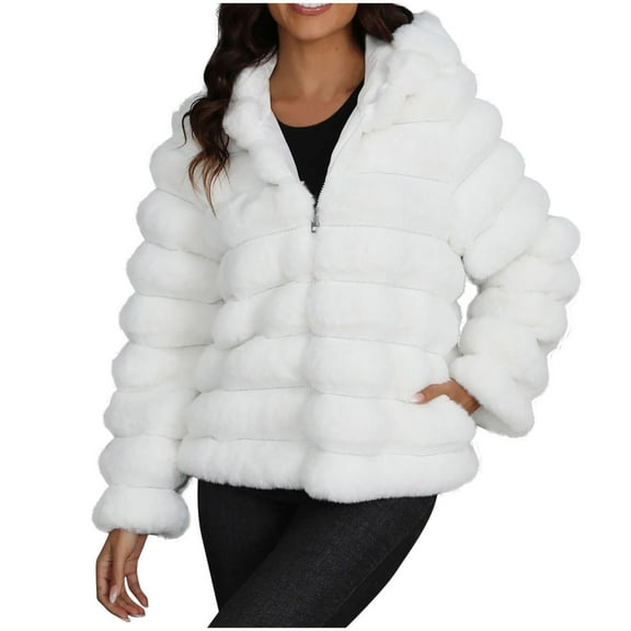 Fjofpr Winter Coats for Women Sale White Faux Fur Coats for Women Women's Casual Solid Color Drawstring Hooded Short Plush Warm Jacket Made Of Synthetic