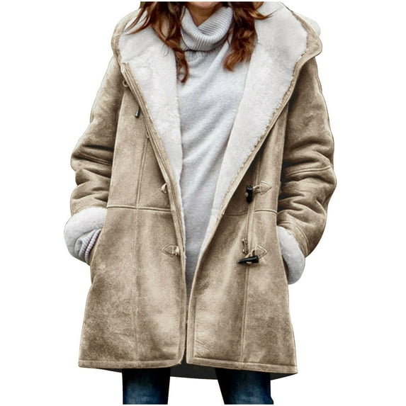 Fjofpr Winter Coats for Women Warm Plush Buttons Hooded Jacket Outerwear Casual Solid Color Thickened Temperament Commuting Coat