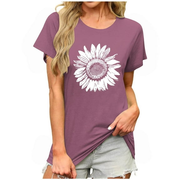 Fjofpr Women Clothes $5.00 Womens Tops Blouses Summer Tunic Tops Flower Print Shirts Short Sleeve Solid Color Loose Round Neck Tees Shirts