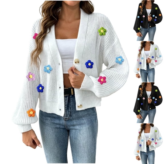 Fjofpr Womens Casual Button Up Cardigan with Flower Women Fashion Casual Solid Color Loose Cropped Knit Cardigan Colorful Handmade Floral V Neck Long Puff Sleeve Button Down Sweater Coat Tops