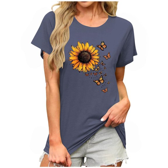 Fjofpr Women's Clothing Shirts Summer Womens Tops Blouses Summer Tunic Tops Short Flower Print Shirts Sleeve Solid Color Loose Round Neck Tees Shirts