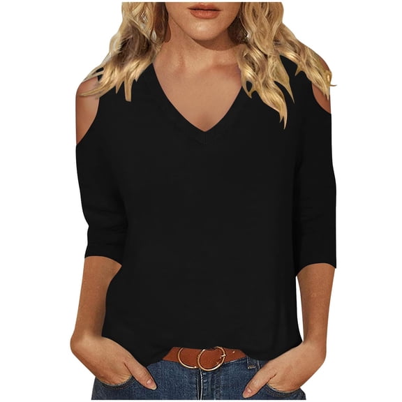 Fjofpr Women's V-Neck 3/4 Sleeve T-Shirt Cold Shoulder Blouse- Solid Color Basic Casual Tee