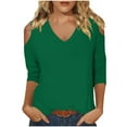 thumbnail image 1 of Fjofpr Women's V-Neck 3/4 Sleeve T-Shirt Cold Shoulder Blouse- Solid Color Basic Casual Tee, 1 of 6