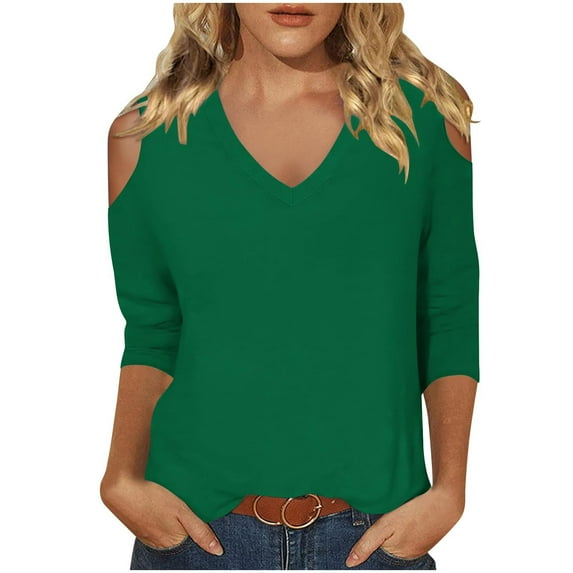 Fjofpr Women's V-Neck 3/4 Sleeve T-Shirt Cold Shoulder Blouse- Solid Color Basic Casual Tee