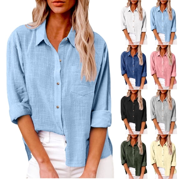 Fjofpr Womens Button Down Shirts Womens Solid Color V Neck Loose Blouse Long Sleeve Casual Work Tunic Tops With Pocket Pink XXL