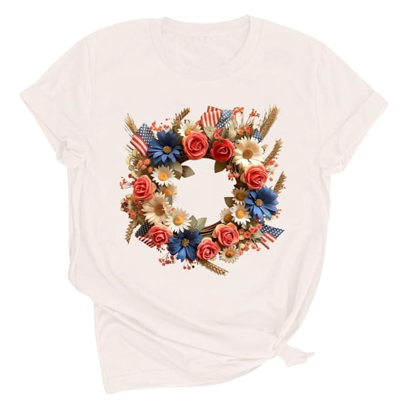 Fjofpr Womens Womens Tops Blouses Summer Tunic Tops Flower Print Shirts Short Sleeve Solid Color Loose Round Neck Tees Shirts