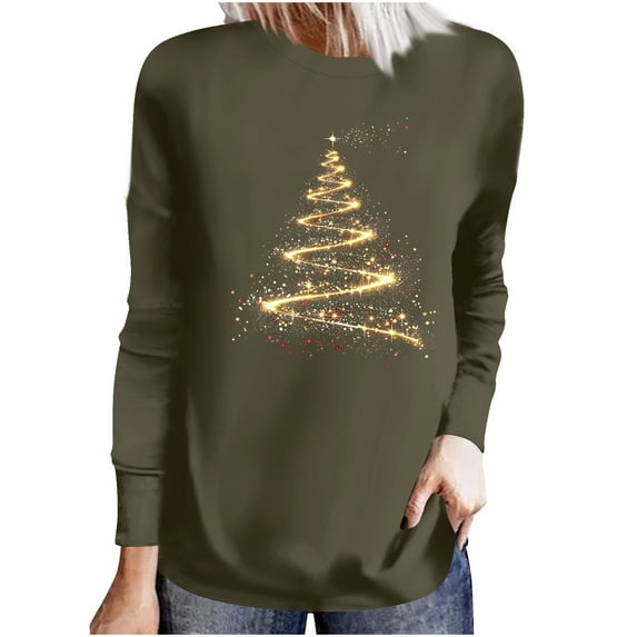 Fjofpr Womens Clothes under $8 Womens Tops Trendy Fall 2024 Christmas Shirts for Women Long Sleeve Christmas Lights Ladies Fashion Casual Christmas Print Round Neck Loose Long Sleeve Top