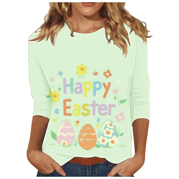 Fjofpr Womens Clothes under $8 Ladies' Loose Casual Easter Print Round Neck Three Quarter Sleeve 3/4 Sleeve T-shirt Top