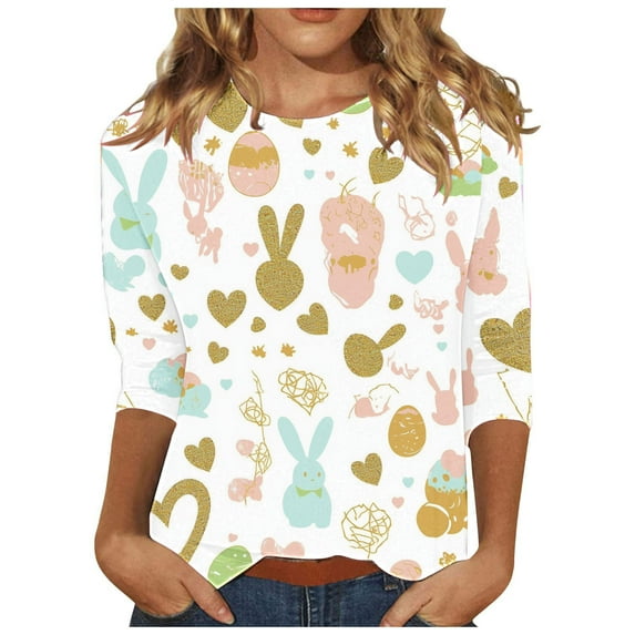 Fjofpr Womens Clothes under $8 Ladies' Loose Casual Easter Print Round Neck Three Quarter Sleeve 3/4 Sleeve T-shirt Top