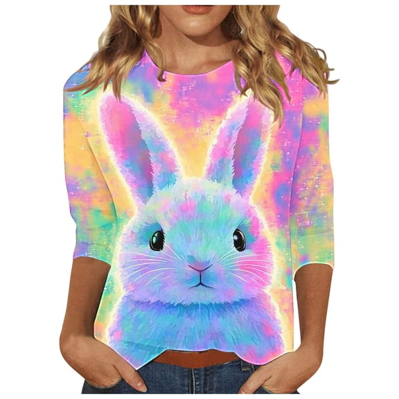 Fjofpr Womens Clothes under $8 Ladies' Loose Casual Easter Print Round Neck Three Quarter Sleeve 3/4 Sleeve T-shirt Top
