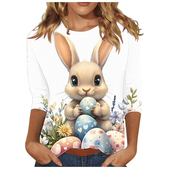 Fjofpr Womens Clothes under $8 Ladies' Loose Casual Easter Print Round Neck Three Quarter Sleeve 3/4 Sleeve T-shirt Top