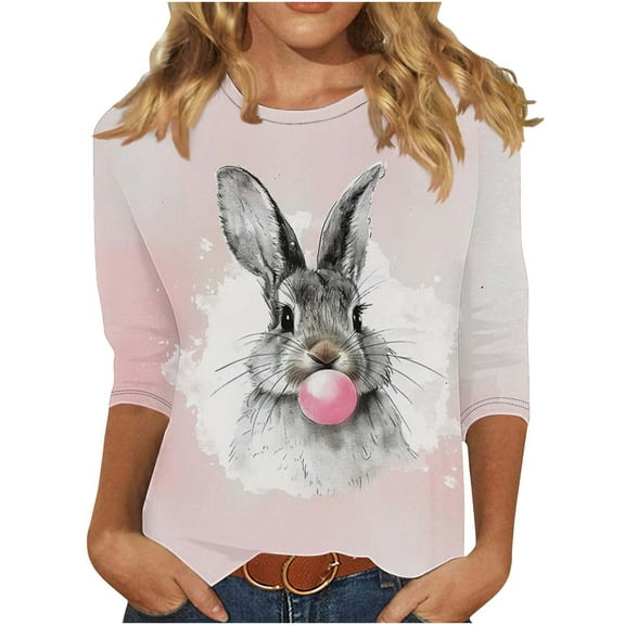 Fjofpr Womens Clothes under $8 Women's New Easter Round Neck Pullover 3/4 Sleeve Casual Printed Top