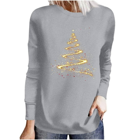Fjofpr Womens Clothes under $8 Womens Tops Trendy Fall 2024 Ladies Fashion Casual Christmas Print Round Neck Loose Long Sleeve Top